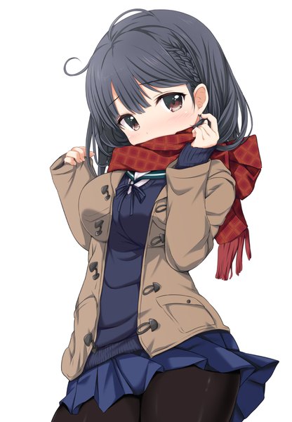 Anime picture 737x1062 with kantai collection ushio destroyer nijimotohiro k single tall image looking at viewer blush short hair breasts black hair simple background large breasts white background brown eyes ahoge braid (braids) head tilt pleated skirt embarrassed adjusting hair