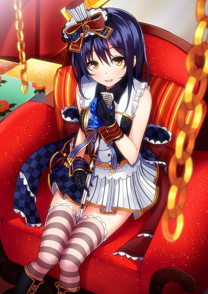 Anime picture 661x935 with love live! school idol project sunrise (studio) love live! sonoda umi ponkotsu (ayarosu) single long hair tall image looking at viewer blush open mouth black hair smile sitting yellow eyes from above sleeveless girl thighhighs skirt