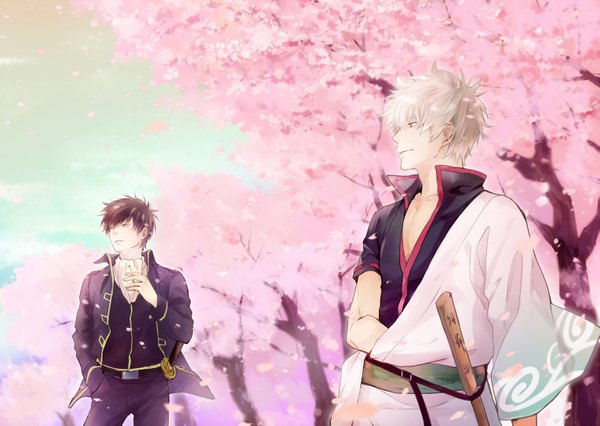 Anime picture 1529x1087 with gintama sunrise (studio) sakata gintoki hijikata toshiro ke (pixiv) short hair open mouth black hair looking away white hair cherry blossoms smoking boy uniform weapon plant (plants) sword tree (trees) katana cigarette