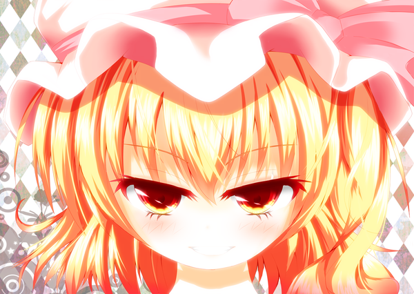 Anime picture 1165x829 with touhou flandre scarlet yuimari single short hair blonde hair red eyes close-up face girl