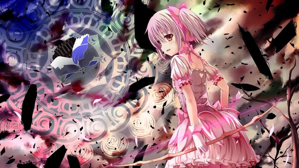 Anime picture 1920x1080 with mahou shoujo madoka magica shaft (studio) kaname madoka single highres short hair smile red eyes wide image looking away pink hair girl dress gloves bow weapon hair bow bow (weapon)