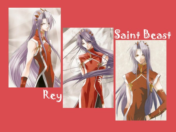 Anime picture 1600x1200 with saint beast rey (suzaku) long hair simple background red eyes purple hair multiview column lineup boy detached sleeves