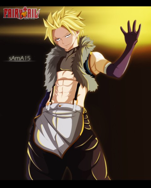 Anime picture 1200x1494 with fairy tail sting eucliffe sama15 single tall image short hair blonde hair smile black eyes inscription coloring muscle boy gloves elbow gloves fur