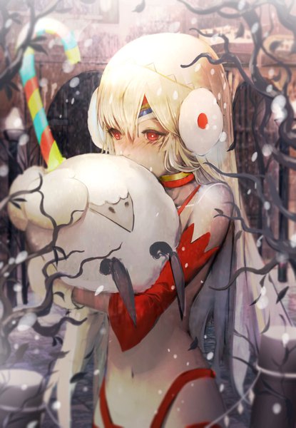 Anime picture 1236x1785 with fate (series) fate/grand order altera (fate) altera the santa (fate) sa'yuki single tall image blush fringe short hair light erotic hair between eyes red eyes standing holding looking away outdoors white hair snowing covered mouth