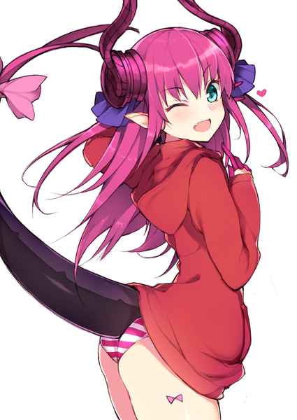 Anime picture 900x1271 with fate (series) fate/grand order elizabeth bathory (fate) (all) elizabeth bathory (fate) haruyuki (yukichasoba) single long hair tall image blush open mouth light erotic simple background white background pink hair tail one eye closed horn (horns) aqua eyes pointy ears wink