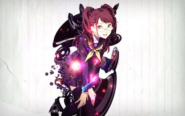 Anime picture 1920x1200 with persona 4 kujikawa rise paha13 saikarose single long hair looking at viewer highres open mouth smile brown hair wide image brown eyes lightning girl thighhighs skirt uniform black thighhighs glasses