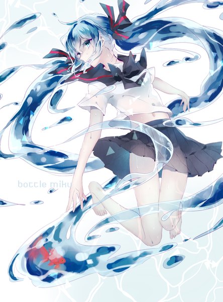 Anime picture 800x1080 with vocaloid hatsune miku bottle miku noka (blackheart1118) single tall image looking at viewer open mouth blue eyes white background twintails blue hair very long hair barefoot inscription bare belly character names liquid hair girl navel