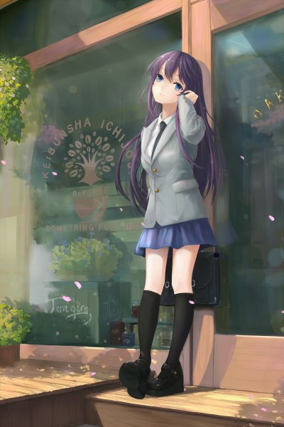 Anime picture 1600x2400 with original shiko single long hair tall image looking at viewer blue eyes purple hair girl skirt uniform school uniform petals socks black socks