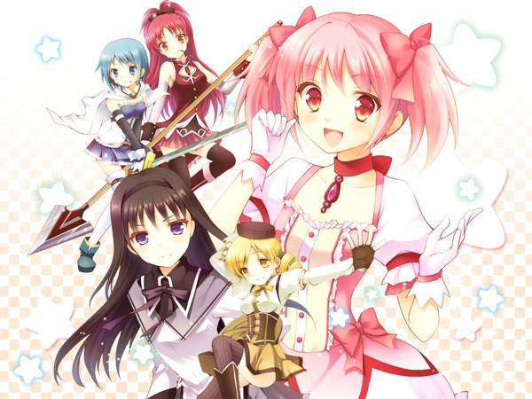 Anime picture 1180x885 with mahou shoujo madoka magica shaft (studio) akemi homura kaname madoka sakura kyouko miki sayaka tomoe mami tagme (artist) long hair blush short hair open mouth blue eyes black hair blonde hair red eyes purple eyes multiple girls yellow eyes blue hair