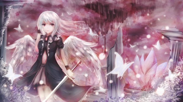 Anime picture 1600x900 with original koroneko single long hair looking at viewer fringe red eyes wide image standing white hair bare belly ruins destruction girl navel weapon sword insect butterfly pillar