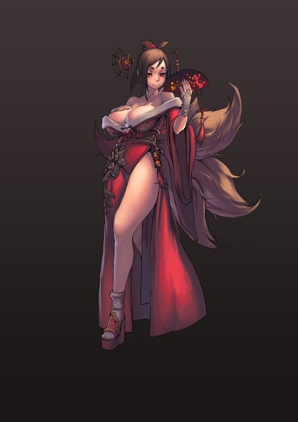 Anime picture 2480x3508 with oinari risuru single tall image blush highres short hair breasts light erotic simple background smile red eyes brown hair large breasts bare shoulders tail traditional clothes japanese clothes legs hand on chest black background