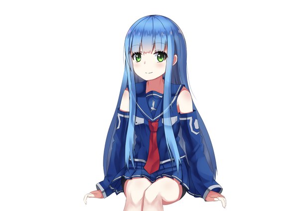 Anime picture 4093x2894 with aoki hagane no arpeggio iona unscpro single long hair looking at viewer blush highres simple background white background green eyes blue hair absurdres girl skirt miniskirt necktie
