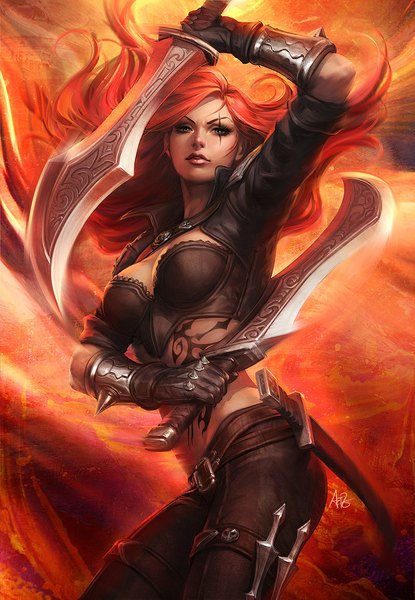 Anime picture 800x1155 with league of legends katarina (league of legends) artgerm (stanley lau) single long hair tall image looking at viewer breasts blue eyes holding signed red hair realistic midriff tattoo dual wielding girl gloves weapon sword