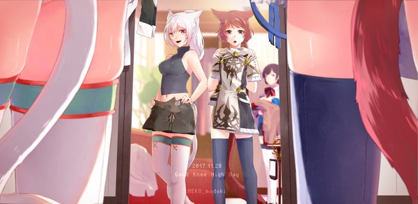 Anime picture 2500x1222 with final fantasy final fantasy xiv square enix miqo'te lili mdoki long hair looking at viewer fringe highres short hair open mouth blue eyes light erotic red eyes brown hair wide image standing multiple girls holding signed