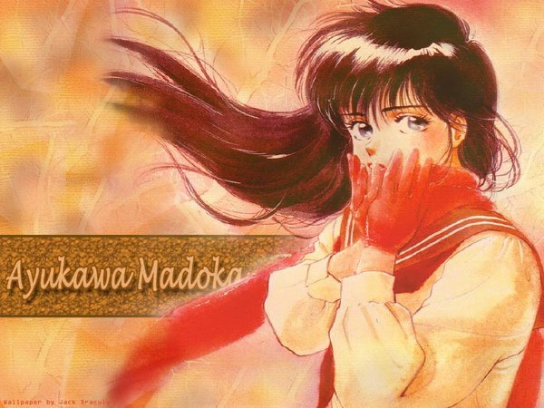 Anime picture 1024x768 with kimagure orange road ayukawa madoka long hair black hair wind inscription grey eyes wallpaper brown background oldschool 80s girl gloves serafuku scarf red scarf