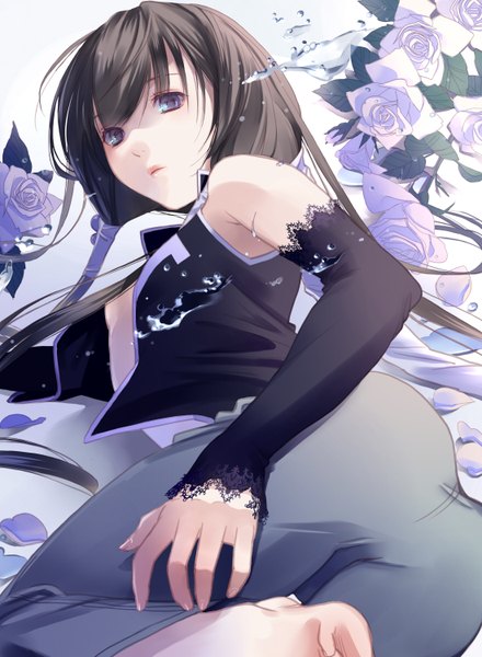 Anime picture 1100x1500 with getbackers studio deen fuuchouin kazuki hirai chika single long hair tall image looking at viewer blue eyes light erotic black hair bare shoulders ass lying barefoot open clothes open shirt turning head otoko no ko boy