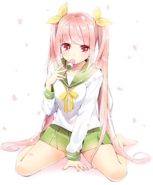 Anime picture 1000x1213 with original hazuki natsu single long hair tall image looking at viewer fringe simple background sitting twintails payot pink hair blunt bangs pink eyes barefoot wariza eating between legs girl uniform