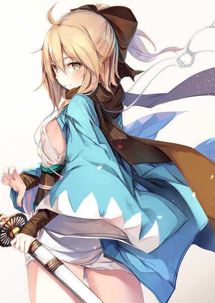 Anime picture 1032x1457 with fate (series) fate/grand order okita souji (fate) (all) okita souji (koha-ace) fal maro single tall image looking at viewer short hair breasts light erotic simple background yellow eyes ahoge ponytail traditional clothes japanese clothes looking back wind sideboob