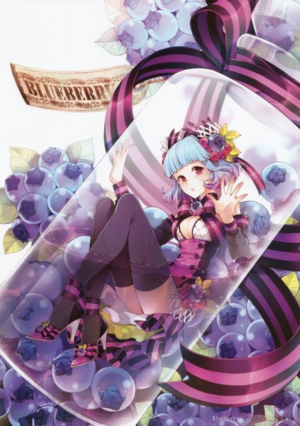 Anime picture 2303x3269 with original nardack single tall image fringe highres short hair red eyes blue hair in bottle girl thighhighs dress hair ornament ribbon (ribbons) black thighhighs food berry (berries)