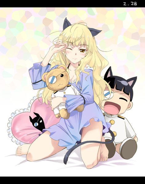 Anime picture 1000x1270 with strike witches sakamoto mio perrine h clostermann agahari long hair tall image blonde hair animal ears yellow eyes animal tail one eye closed wink girl toy stuffed animal pajamas