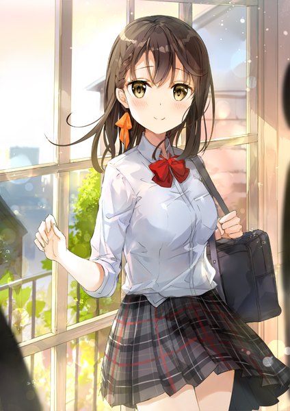 Anime picture 707x1000 with original fuumi (radial engine) single long hair tall image looking at viewer blush fringe brown hair standing brown eyes indoors braid (braids) pleated skirt light smile wind blurry single braid plaid skirt light