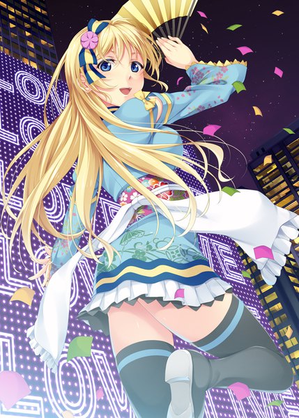 Anime picture 654x915 with love live! school idol project sunrise (studio) love live! ayase eli mukunokino isshiki single long hair tall image looking at viewer blush open mouth blue eyes light erotic blonde hair smile standing bent knee (knees) looking back from behind night