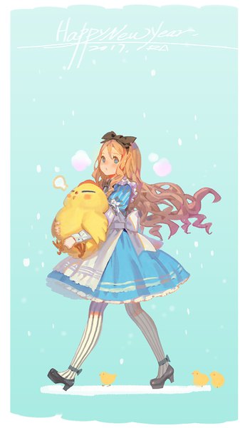 Anime picture 585x1000 with alice in wonderland original alice (wonderland) alphonse (white datura) single long hair tall image blush fringe open mouth blonde hair simple background hair between eyes holding signed looking away full body long sleeves multicolored hair aqua eyes