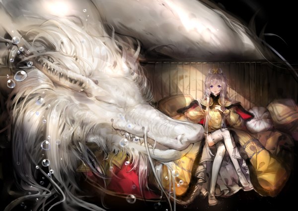 Anime picture 1200x848 with vocaloid vocaloid china luo tianyi susu (artist) long hair open mouth sitting purple eyes silver hair crossed legs girl pillow thigh boots bubble (bubbles) dragon