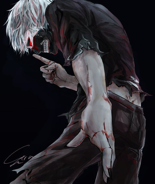 Anime picture 900x1069 with tokyo ghoul studio pierrot kaneki ken ihciuy0211 single tall image short hair simple background red eyes signed nail polish profile grey hair from below leaning leaning forward finger to mouth black background black sclera boy