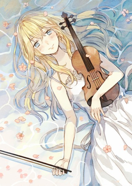 Anime picture 600x847 with shigatsu wa kimi no uso a-1 pictures miyazono kaori seuga single long hair tall image looking at viewer blush fringe blue eyes blonde hair smile bare shoulders from above partially submerged afloat girl dress flower (flowers)