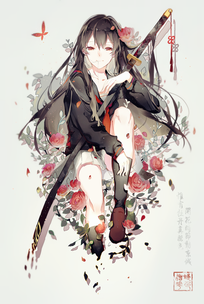 Anime picture 1200x1785 with original pudding (8008208820) single long hair tall image looking at viewer fringe black hair smile red eyes holding pleated skirt hair flower light smile shadow mouth hold sheathed dissolving girl skirt