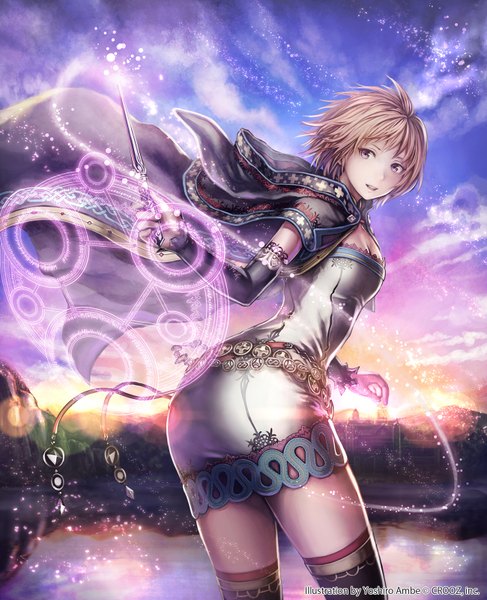 Anime picture 1300x1600 with shinma x keishou! ragnabreak anbe yoshirou single tall image looking at viewer short hair open mouth blue eyes blonde hair sky cloud (clouds) magic girl thighhighs dress magic circle