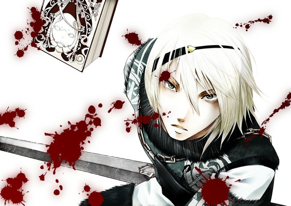 Anime picture 1000x707 with nier nier (young) looking at viewer fringe short hair simple background white background silver hair grey eyes boy weapon sword hairband blood chain