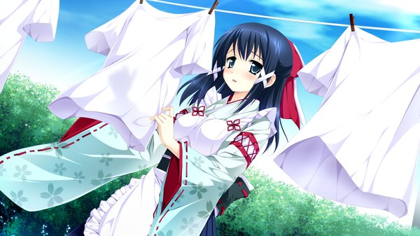 Anime picture 2560x1440 with otome ga tsumugu koi no canvas single long hair highres blue eyes wide image blue hair game cg traditional clothes girl apron t-shirt