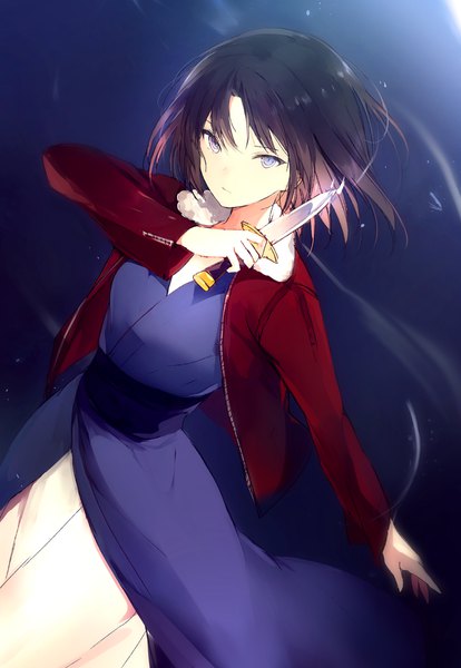 Anime picture 691x1000 with kara no kyoukai type-moon ryougi shiki lpip single tall image looking at viewer fringe short hair black hair standing purple eyes holding outdoors long sleeves traditional clothes japanese clothes night open clothes open jacket