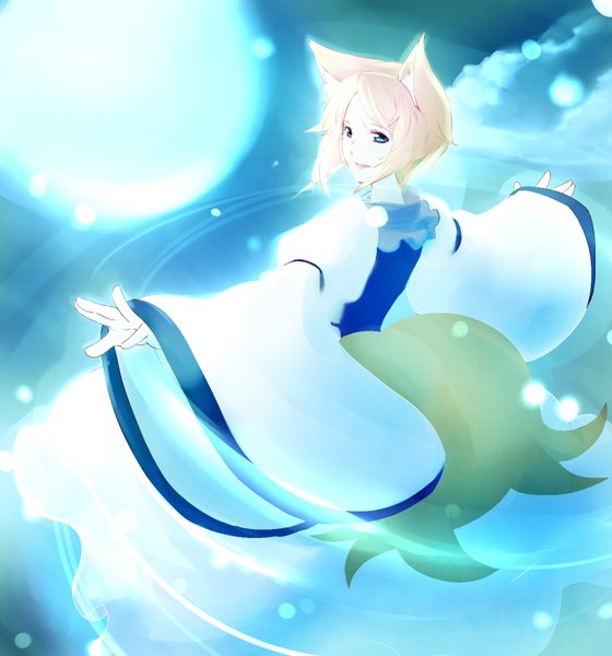 Anime picture 1400x1500 with touhou yakumo ran dearmybrothers single tall image short hair blue eyes blonde hair animal ears animal tail looking back spread arms multiple tails girl