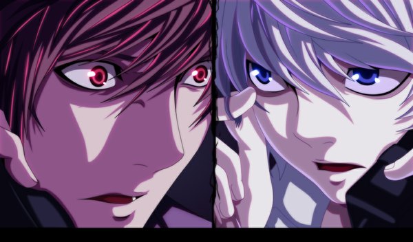 Anime picture 1024x601 with death note madhouse yagami light near eroishi short hair open mouth blue eyes red eyes brown hair wide image grey hair coloring close-up face multiview boy