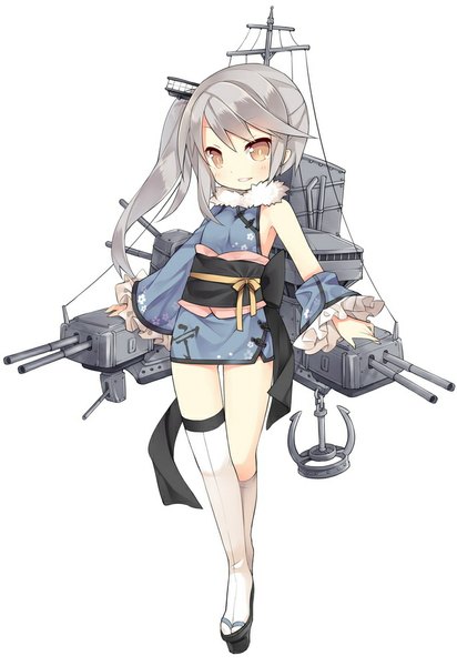 Anime picture 688x1000 with kantai collection original saru (longbb) single long hair tall image looking at viewer blush fringe simple background smile standing white background brown eyes silver hair ponytail traditional clothes japanese clothes wide sleeves loli