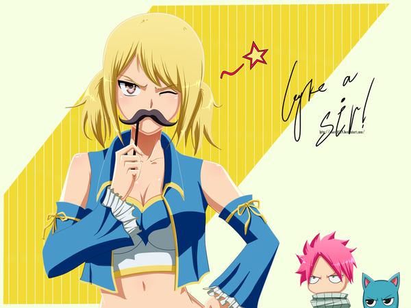 Anime picture 1100x825 with fairy tail lucy heartfilia natsu dragneel happy (fairy tail) enara123 short hair blonde hair twintails brown eyes green eyes pink hair one eye closed wink black eyes inscription midriff hand on hip coloring short twintails chibi