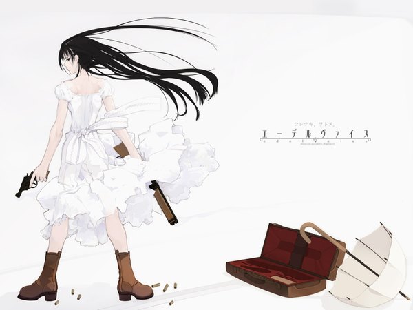 Anime picture 1600x1200 with edelweiss (inspire) jinguuji rio long hair black hair simple background white background profile wind from behind girl dress boots white dress gun umbrella suitcase