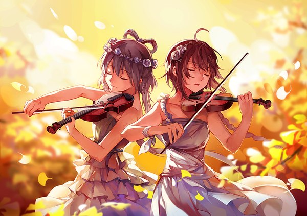 Anime picture 991x700 with vocaloid vocaloid china luo tianyi yuezheng ling palesnow long hair fringe hair between eyes brown hair standing bare shoulders multiple girls holding ahoge braid (braids) eyes closed light smile wind grey hair sleeveless