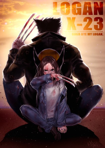 Anime picture 800x1132 with x-men marvel comics x-23 (laura kinney) wolverine (character) kkmi long hair tall image looking at viewer short hair brown hair sitting signed sky full body bent knee (knees) from behind black eyes sunlight character names crossed legs