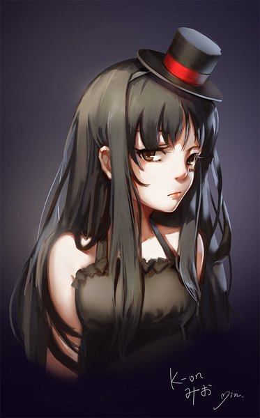 Anime picture 622x1000 with k-on! kyoto animation akiyama mio minhoo single long hair tall image looking at viewer fringe breasts black hair brown eyes lips dark background revision girl dress hat mini hat mini top hat