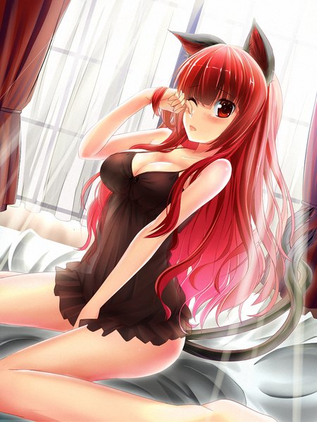 Anime picture 1000x1334 with touhou kaenbyou rin bug (artist) single long hair tall image breasts light erotic red eyes sitting animal ears cleavage red hair tail one eye closed pointy ears wink sunlight cat ears cat girl