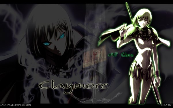 Anime picture 1440x900 with claymore madhouse clare (claymore) short hair blue eyes blonde hair wide image inscription wallpaper black background girl sword armor cape