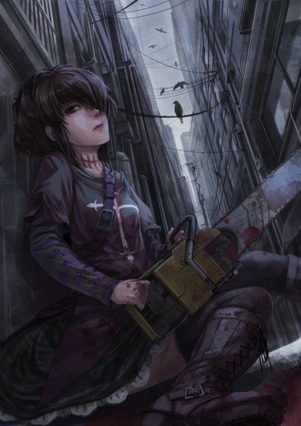 Anime picture 848x1200 with black lagoon madhouse frederica sawyer lif (lif-ppp) single tall image looking at viewer fringe short hair black hair sitting black eyes hair over one eye scar girl thighhighs black thighhighs animal bird (birds) building (buildings)