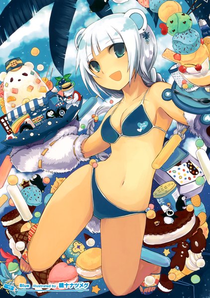 Anime picture 2463x3500 with original seiju natsumegu single long hair tall image highres green eyes animal ears white hair braid (braids) girl navel swimsuit food sweets ice cream berry (berries) sandals cherry