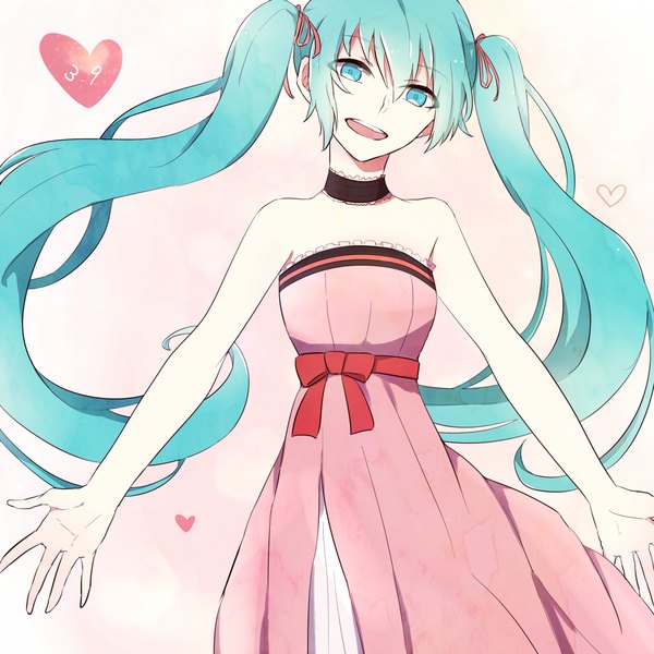 Anime picture 1000x1000 with vocaloid hatsune miku ringomaru single long hair looking at viewer open mouth blue eyes simple background twintails bare shoulders aqua hair girl dress choker heart pink dress