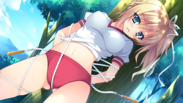 Anime picture 1280x720 with shukufuku no kane no oto wa shinonome urara anapom long hair blue eyes light erotic blonde hair wide image game cg ponytail side ponytail girl navel uniform ribbon (ribbons) plant (plants) hair ribbon tree (trees) gym uniform