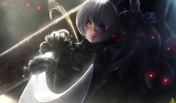 Anime picture 2600x1519 with nier nier:automata yorha no. 2 type b limgae looking at viewer fringe highres short hair hair between eyes red eyes wide image holding silver hair upper body long sleeves arm up lips realistic mole puffy sleeves
